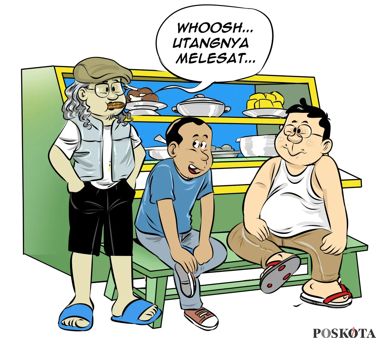 Ilustrasi obrolan warteg tiga sahabat berbincang menyoroti polemik beban utang proyek Kereta Cepat Whoosh, yang terus menjadi perdebatan publik. (Sumber: Poskota/Arif Setiadi)