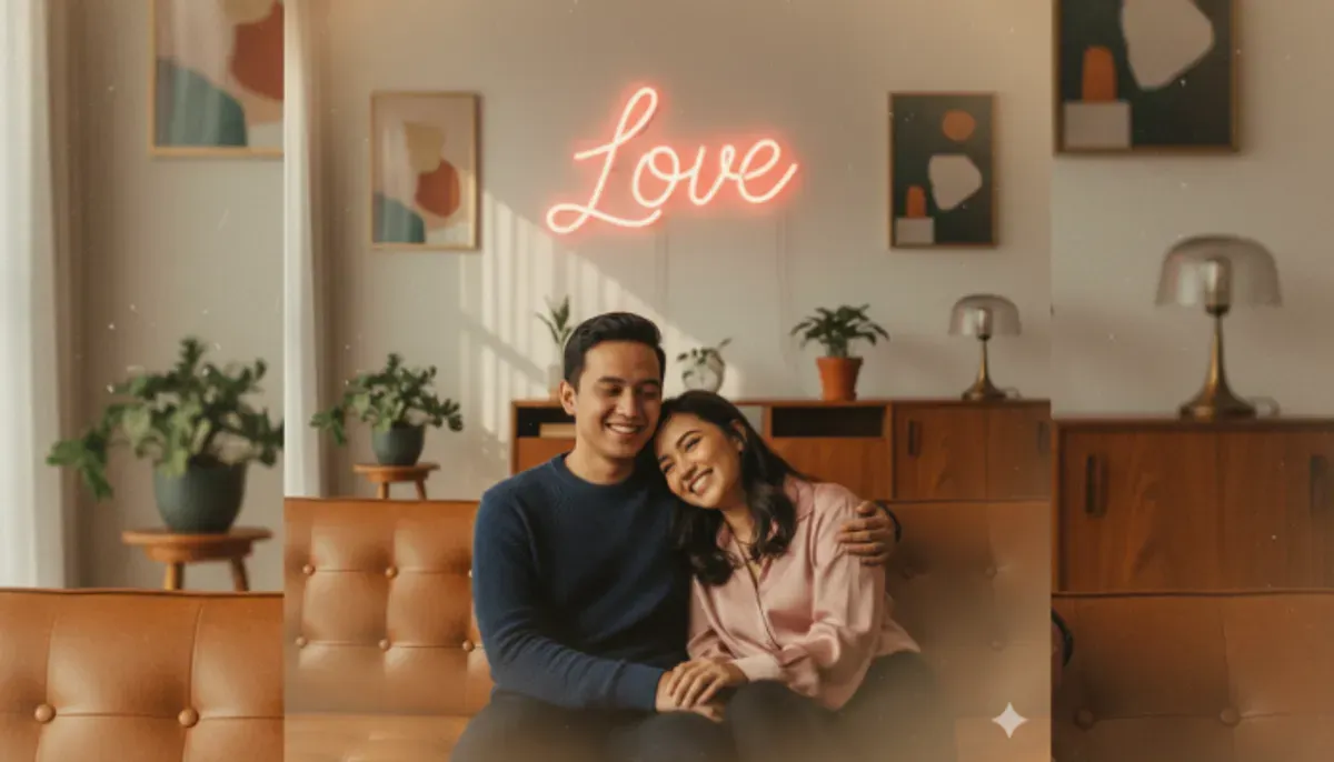 Kumpulan prompt Gemini AI ini dirancang khusus untuk pose rangkulan romantis ala photobox, hanya modal foto dan deskripsi teks. (Sumber: Poskota/Gemini AI Generated)