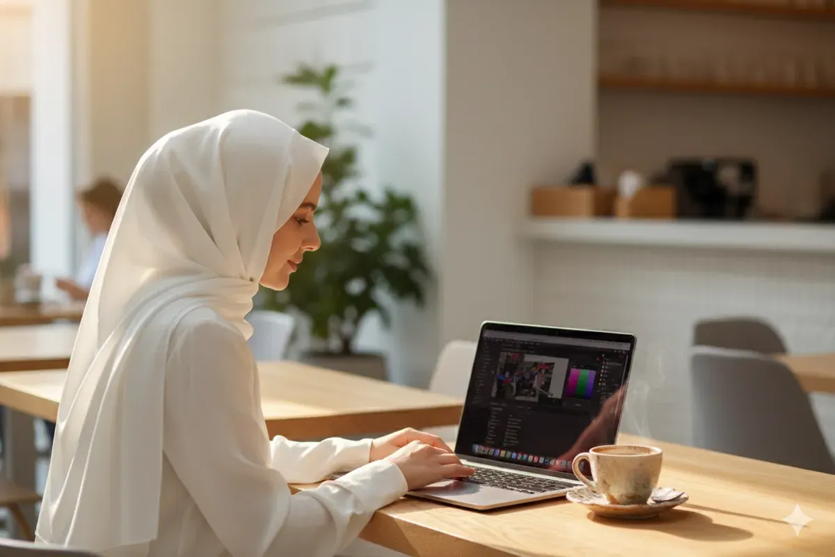 Hasil edit prompt Gemini AI wanita berhijab Work From Cafe (WFC) menggunakan MacBook Pro M4 Max jadi lebih keren. (Sumber: Freepik)