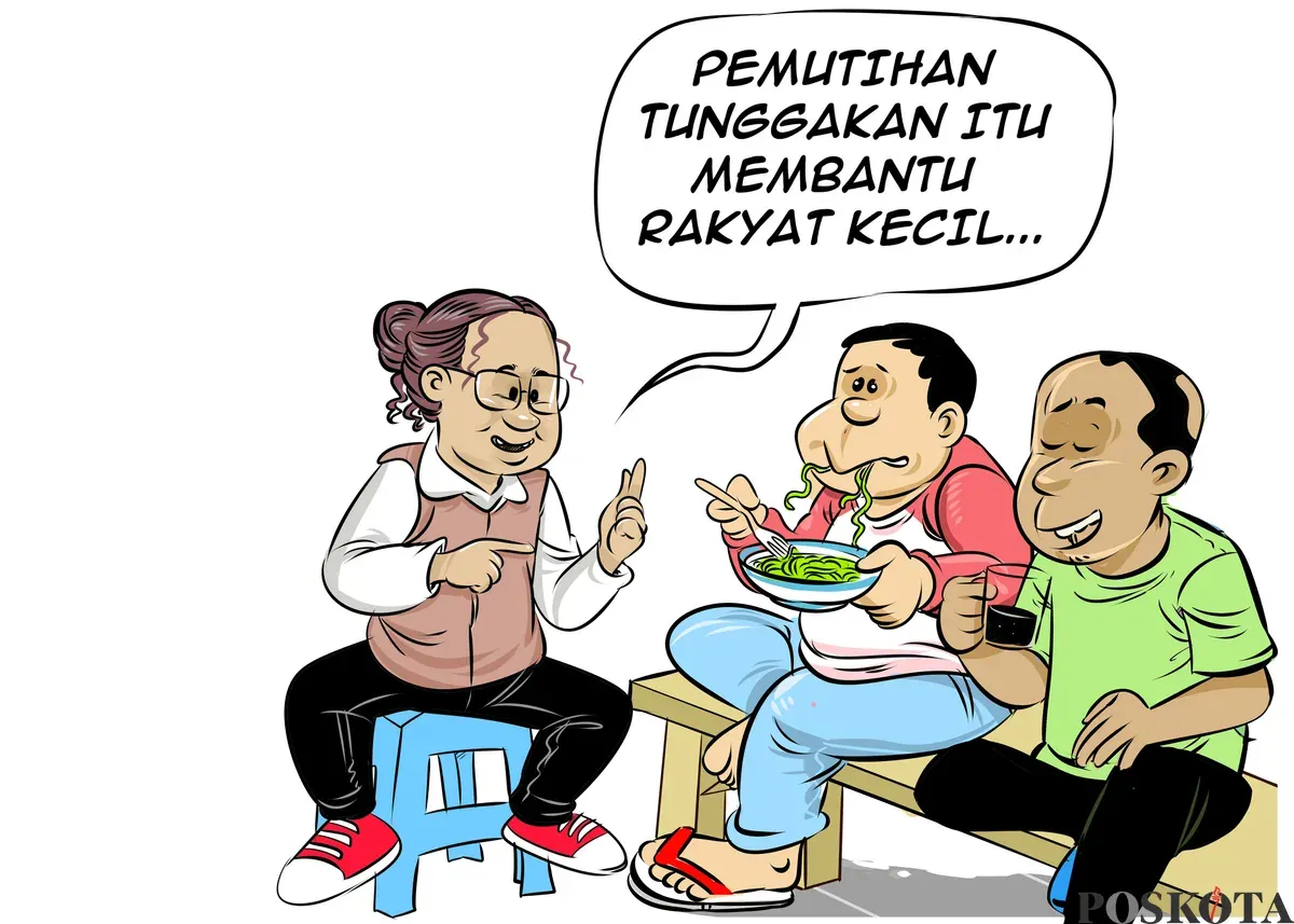 Ilustrasi tiga sahabat ngobrol santai di warteg sambil membahas program pemutihan tunggakan BPJS Kesehatan bagi peserta yang tak mampu. (Sumber: Poskota/Arif Setiadi)