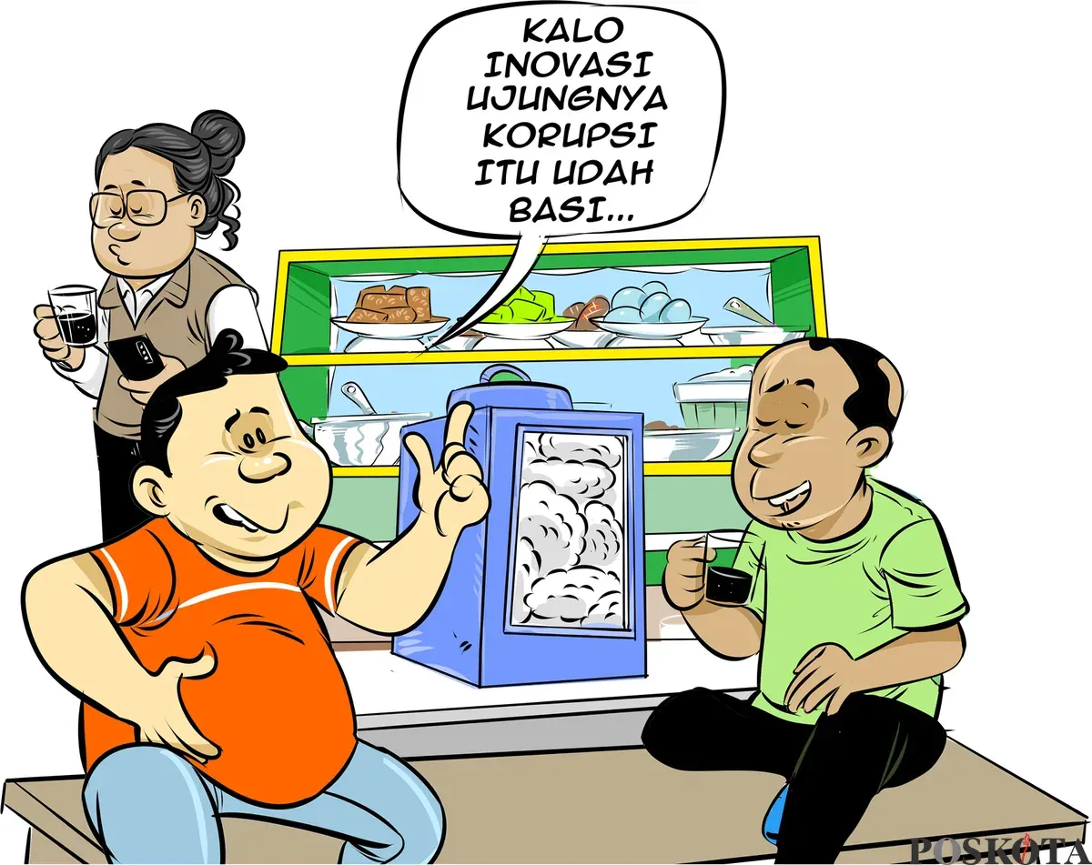 Ilustrasi obrolan di warteg yang menyinggung pentingnya inovasi pemerintahan yang bersih, bukan untuk gimik atau kepentingan pribadi, melainkan demi solusi nyata bagi masyarakat. (Sumber: Poskota/Arif Setiadi)