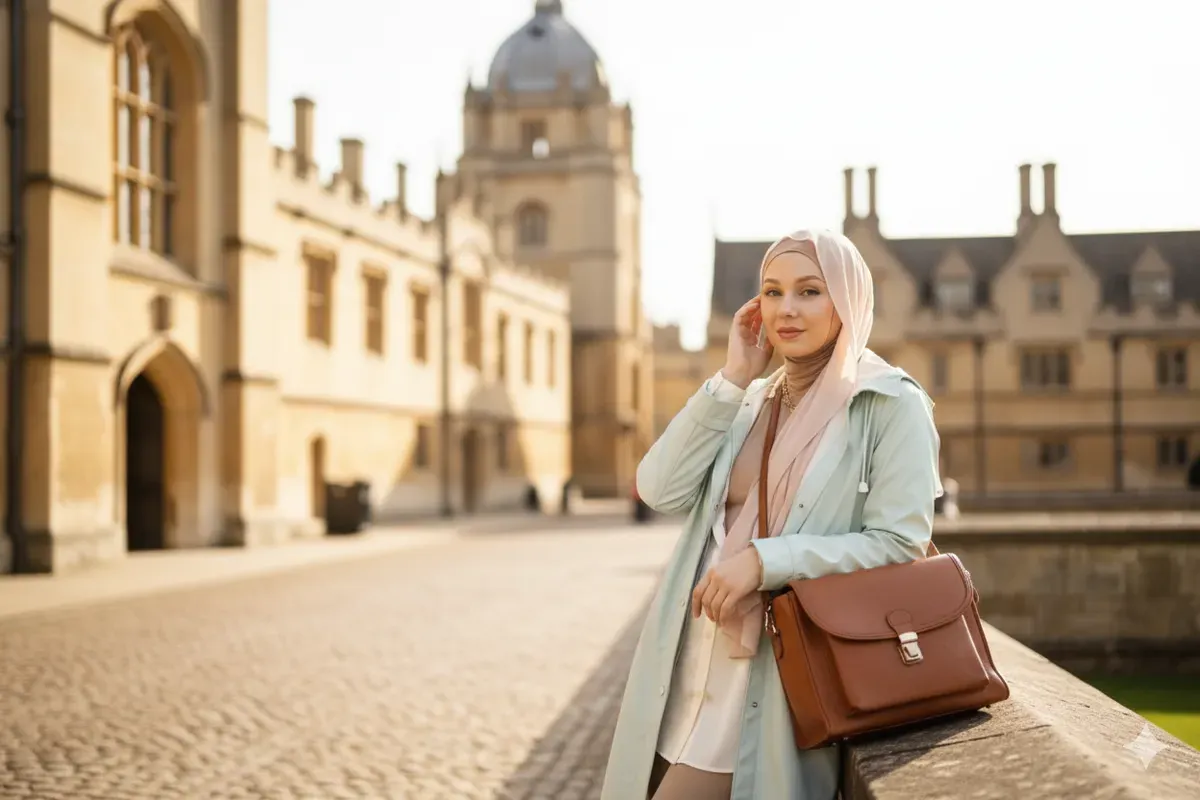 Hasil edit foto Wanita berhijab di kampus Oxford Inggris agar nampak realistis dengan bantuan prompt Gemini AI. (Sumber: Freepik)