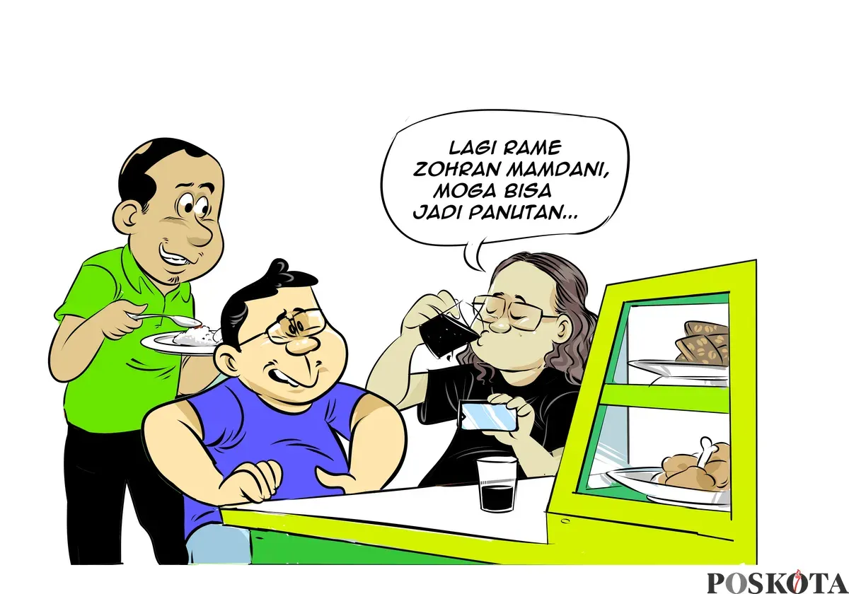 Ilustrasi obrolan di warteg soal sosok politisi muda Zohran Mamdani yang tengah jadi perbincangan dan diharapkan bisa menjadi panutan. (Sumber: Poskota/Arif Setiadi)