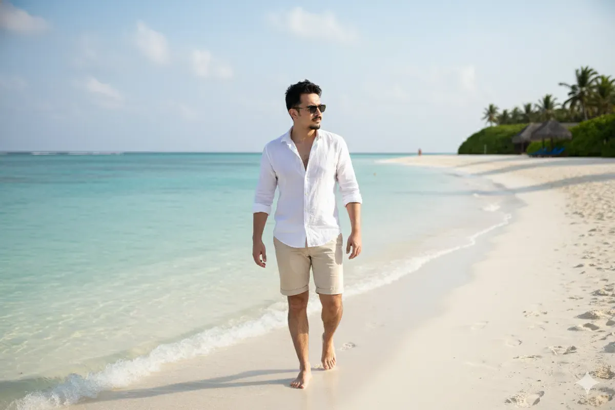 Hasil edit prompt Gemini AI foto keren cowok urban di pantai Maldives yang tampak realistis. (Sumber: Freepik/azerbaijan_stockers)