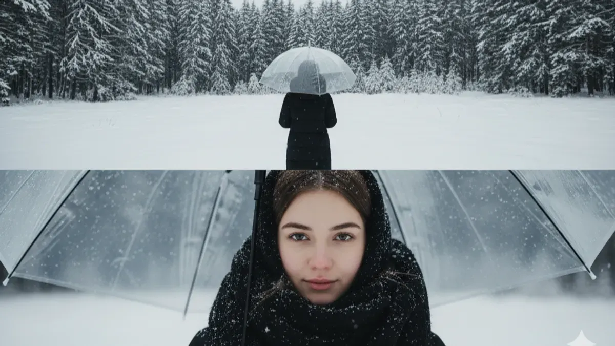 Hasil edit foto perempuan di tengah salju saat musim dingin pakai prompt Gemini AI. (Sumber: Gemini AI)