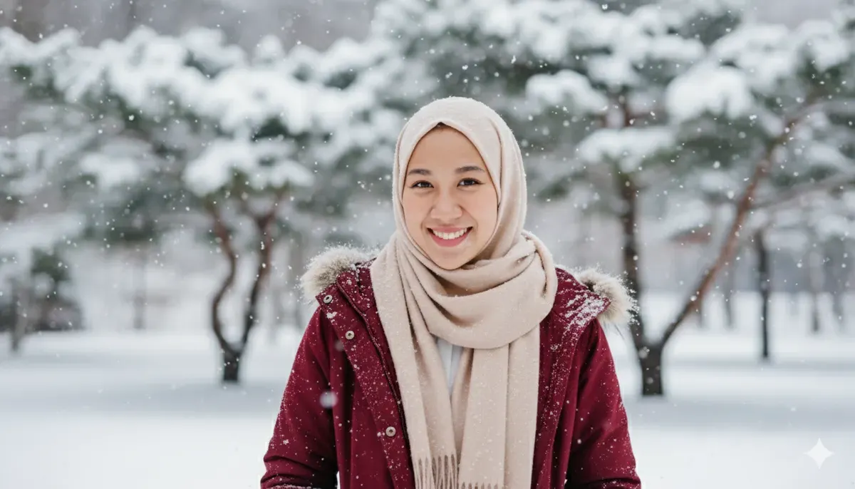 Hasil edit prompt Gemini AI foto wanita berhijab di taman dengan suasana winter ala Korea Selatan. (Sumber: Freepik/tirachardz)