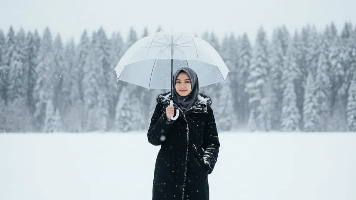 Hadil edit foto wanita berhijab di tengah salju saat musim dingin pakai prompt Gemini AI. (Sumber: Gemini AI)