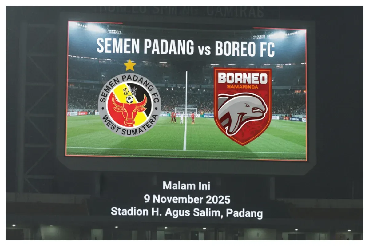 Semen Padang FC akan melawan Borneo FC dalam lanjutan BRI Super League 2025-2026, pada Minggu, 9 November 2025. (Sumber: Generate AI)