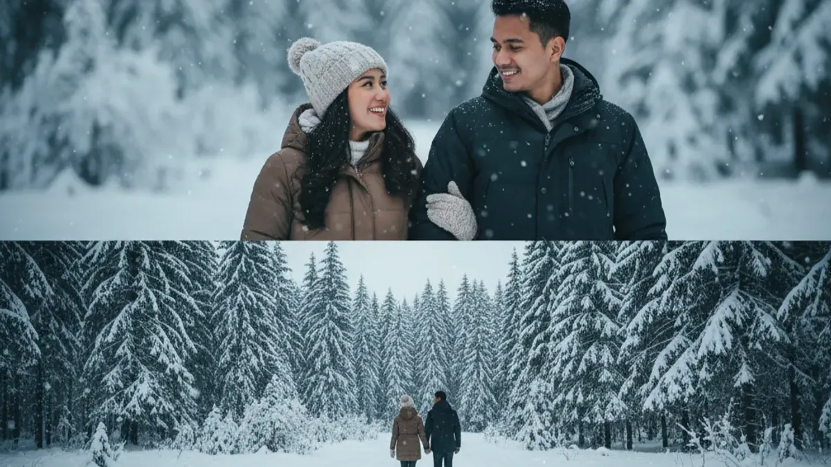 Hasil edit foto bersama pasangan dengan tema salju pakai prompt Gemini AI. (Sumber: Gemini AI)