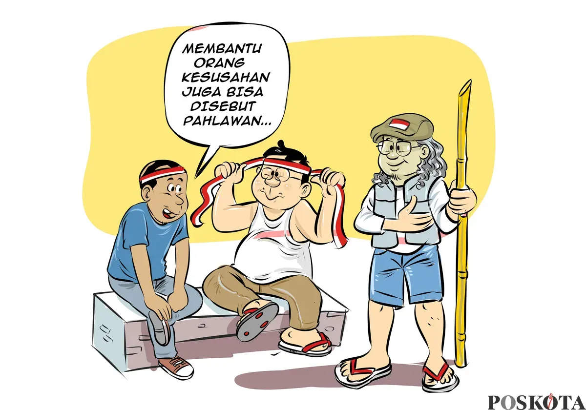 Ilustrasi obrolan warteg tentang makna kepahlawanan masa kini — menjadi pahlawan tak harus berjuang di medan perang, cukup dengan membantu sesama yang sedang kesusahan. (Sumber: Poskota/Arif Setiadi)