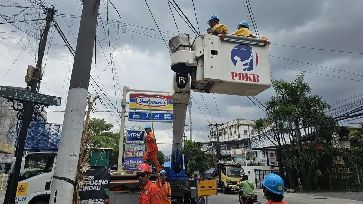 Petugas PDKB PLN UP3 Cengkareng memelihara jaringan listrik bertegangan tinggi di kawasan Jakarta Barat. (Sumber: Dok. PLN UID Jakarta Raya)