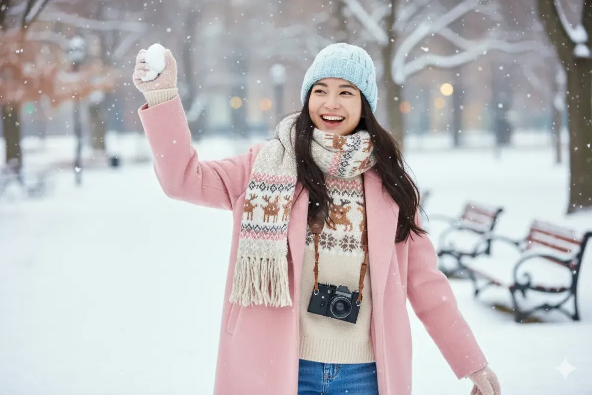 Hasil edit prompt Gemini AI foto cewek cantik bermain salju ala drama korea (Drakor) yang viral di TikTok. (Sumber: Freepik)