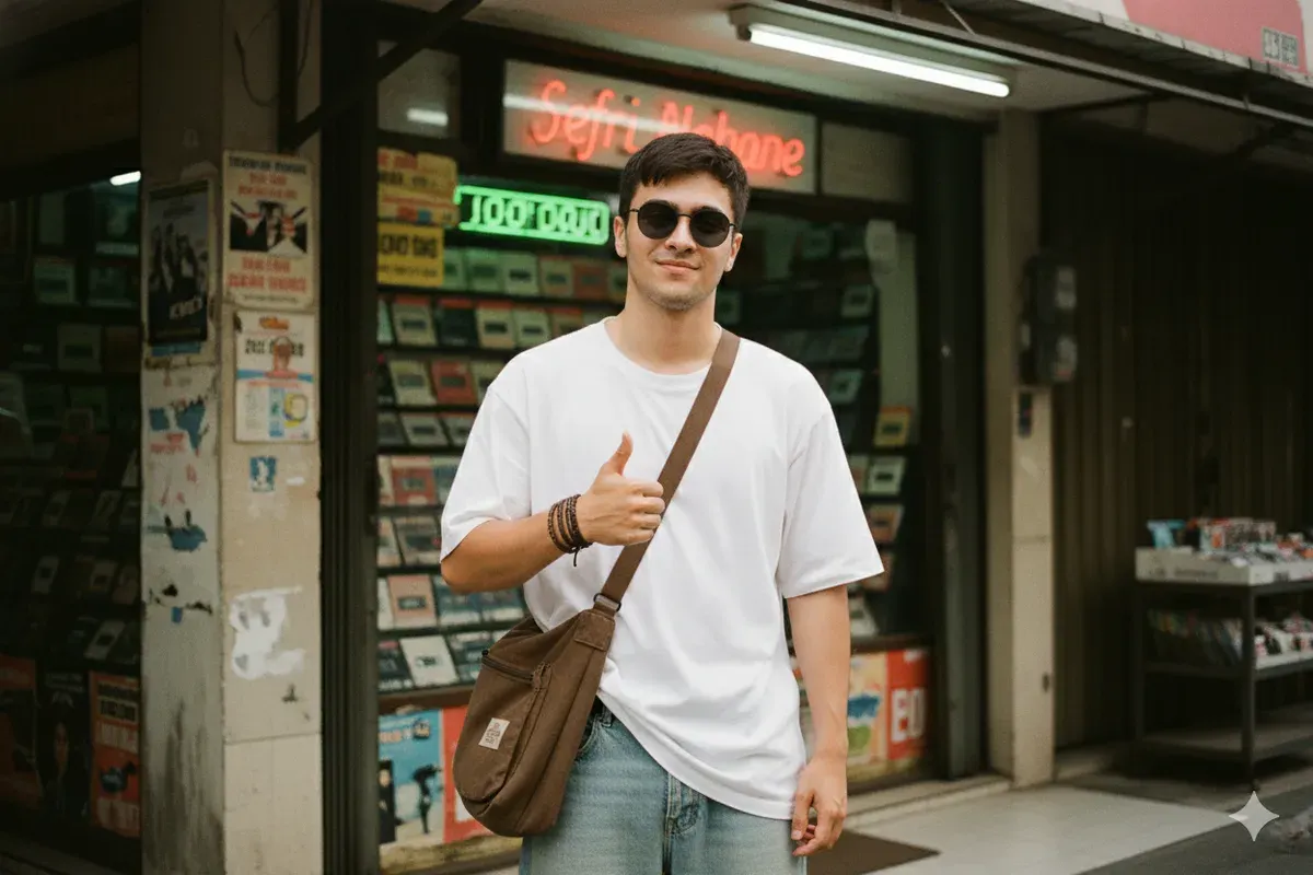 Hasil edit prompt Gemini AI cowok keren dengan style skena ala Jefri Nichol. (Sumber: Freepik/8photo)