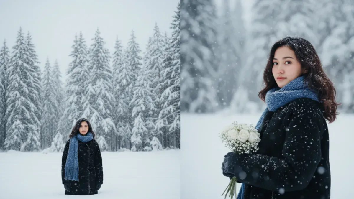 Hasil edit foto perempuan di tengah salju pakai prompt Gemini AI. (Sumber: Gemini AI)