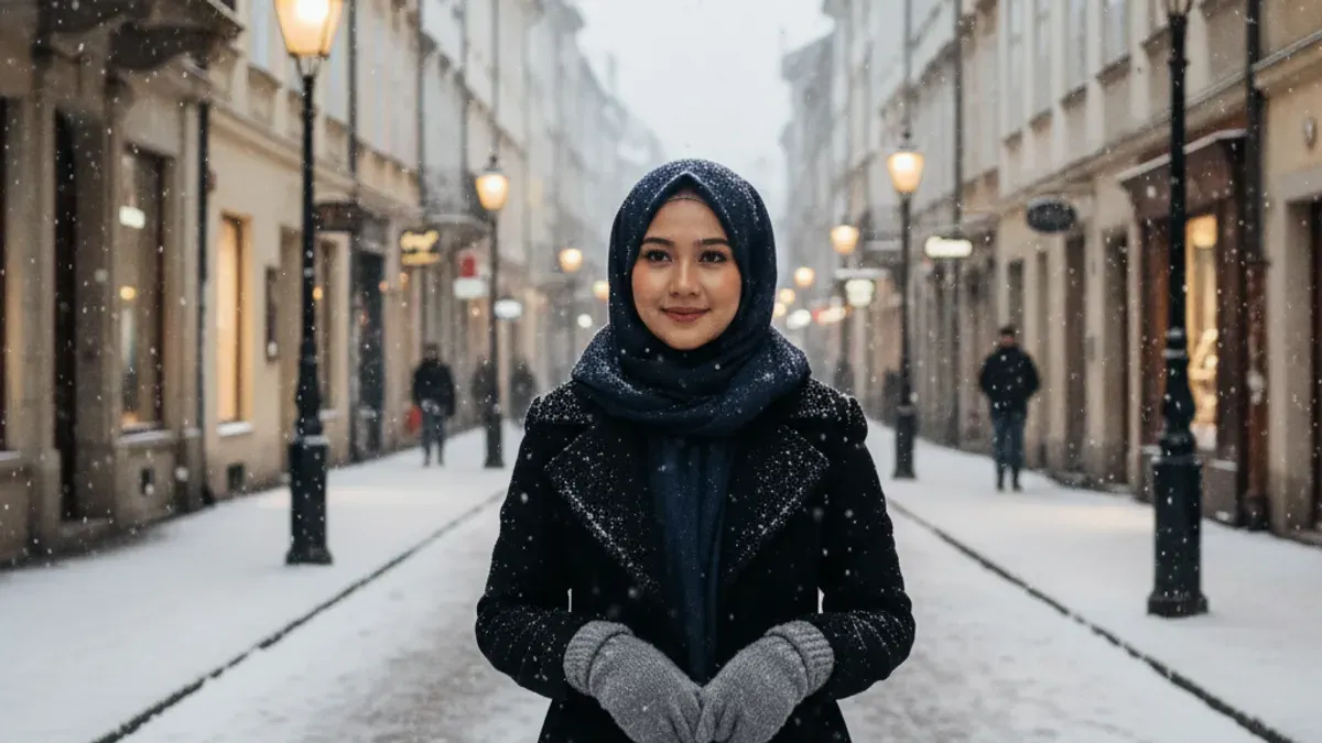 Hasil edit foto salju di jalanan eropa pakai prompt Gemini AI. (Sumber: Gemini AI)