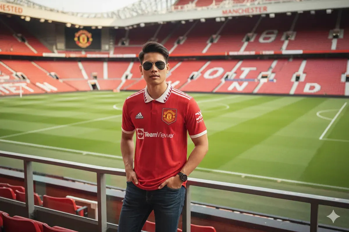 Hasil edit prompt Gemini AI cowok keren nonton Manchester United di Stadion Old Trafford. (Sumber: Freepik/jcomp)