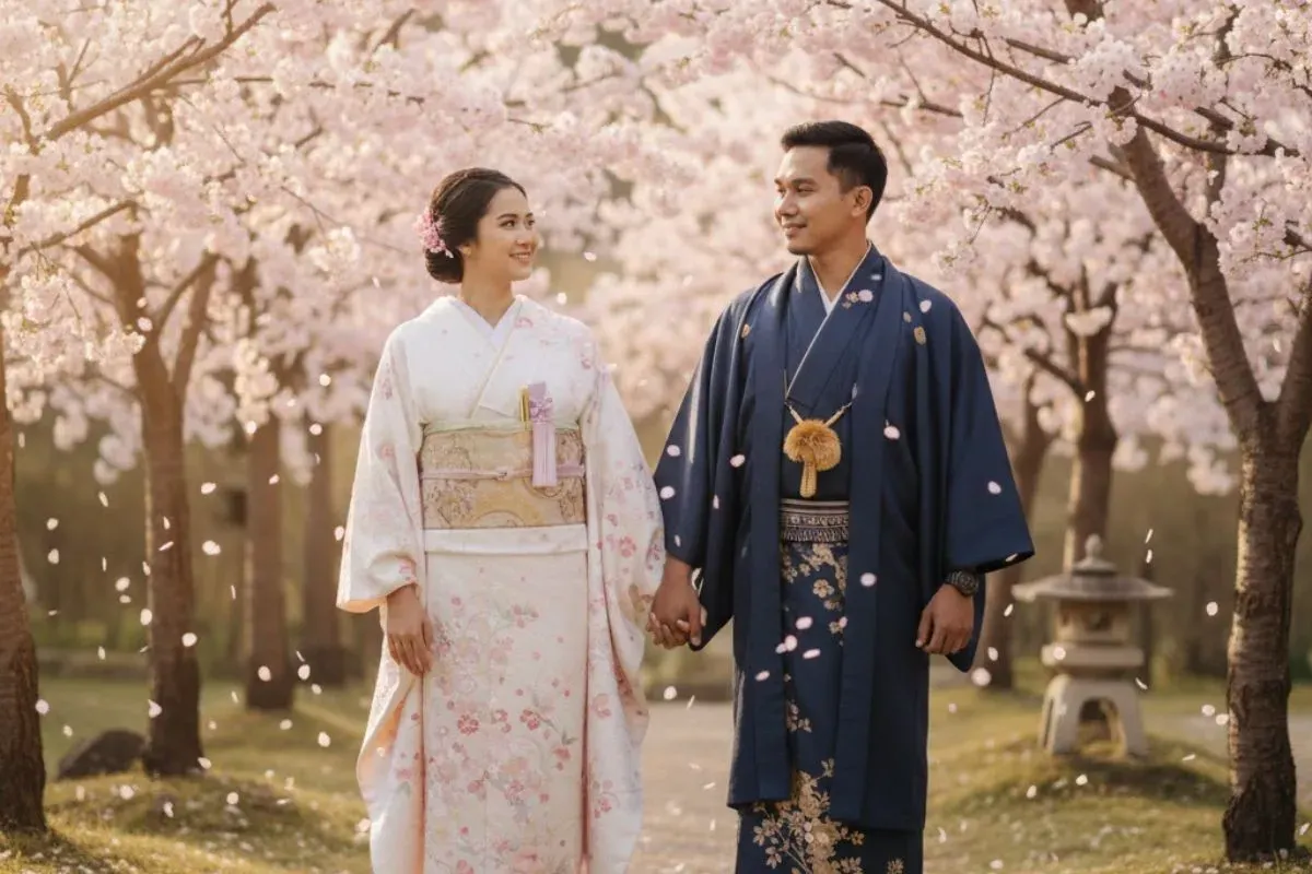 Edit foto AI berdua dengan pasangan tema Jepang. (Sumber: Gemini AI)