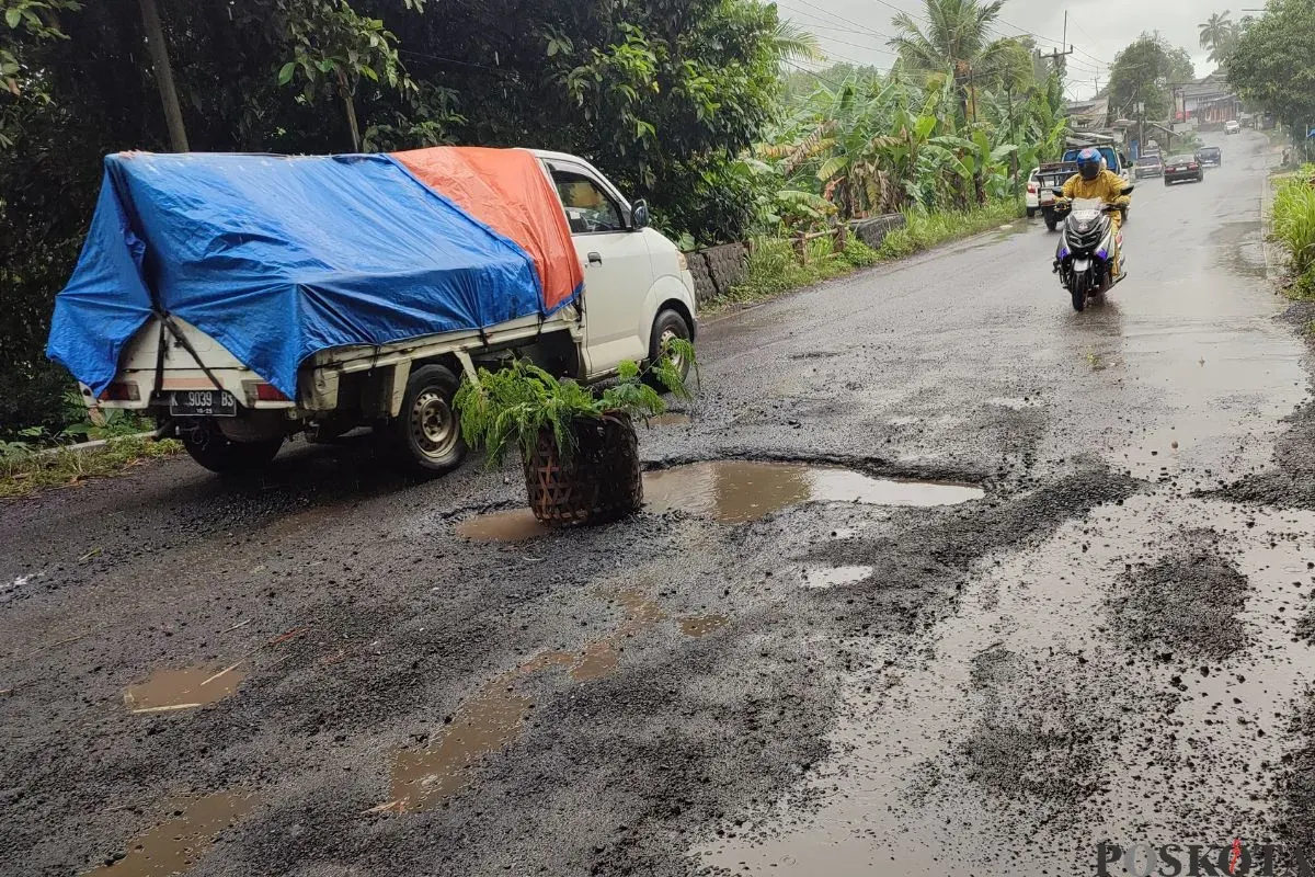 Kondisi jalan nasional di jalur Pandeglang-Labuan terlihat berlubang. (Sumber: Poskota/Samsul Fatoni)