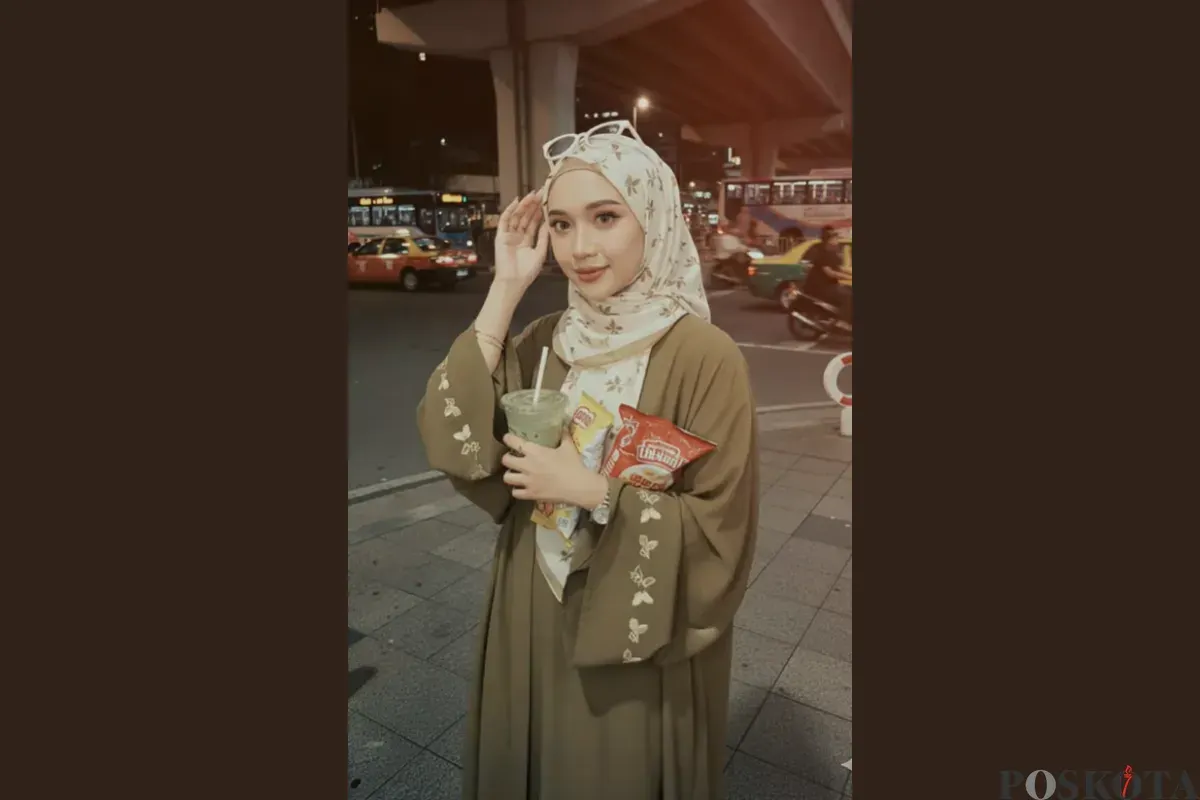 Prompt Edit Foto di Jalanan Malam dengan OOTD Hijab Pakai Gemini AI (Sumber: TikTok/@mia_syifania)