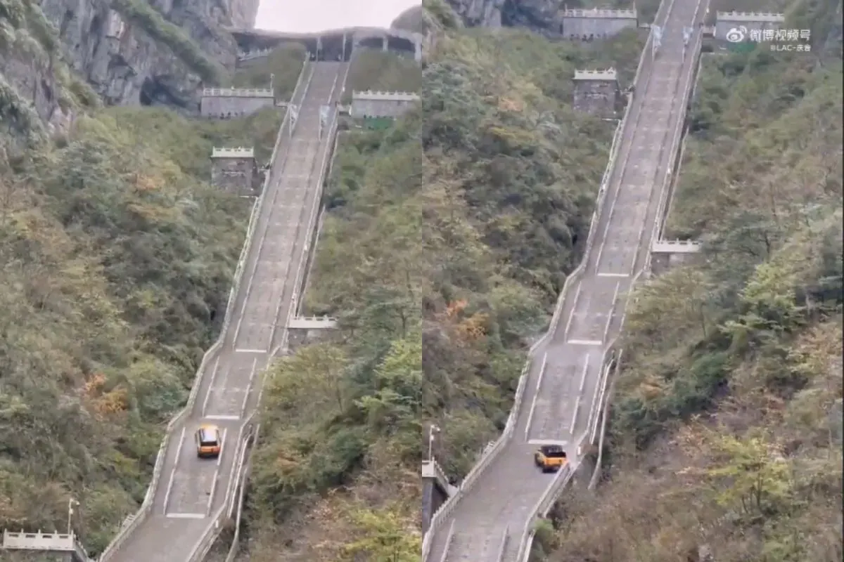 Rekaman mobil Chery Fengyun X3L gagal menaklukkan 999 anak tangga ke Gua Tianmen, Tiongkok. (Sumber: X/@Journalistcnyt)