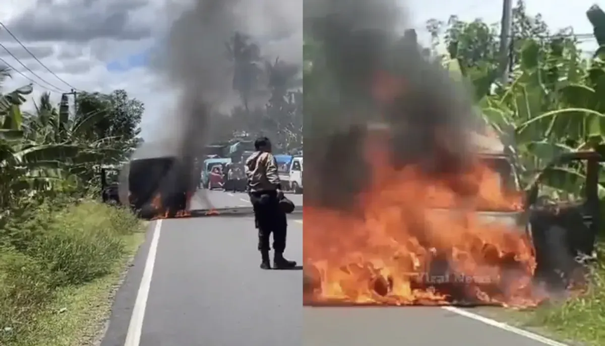 Insiden kebakaran mobil pengangkut uang milik Bank BUMN di Polewali Mandar. Sebanyak Rp 4,6 Miliar ludes terbakar, tidak ada korban jiwa. Simak penyebab dan kronologinya. (Sumber: X/@B3doel___)