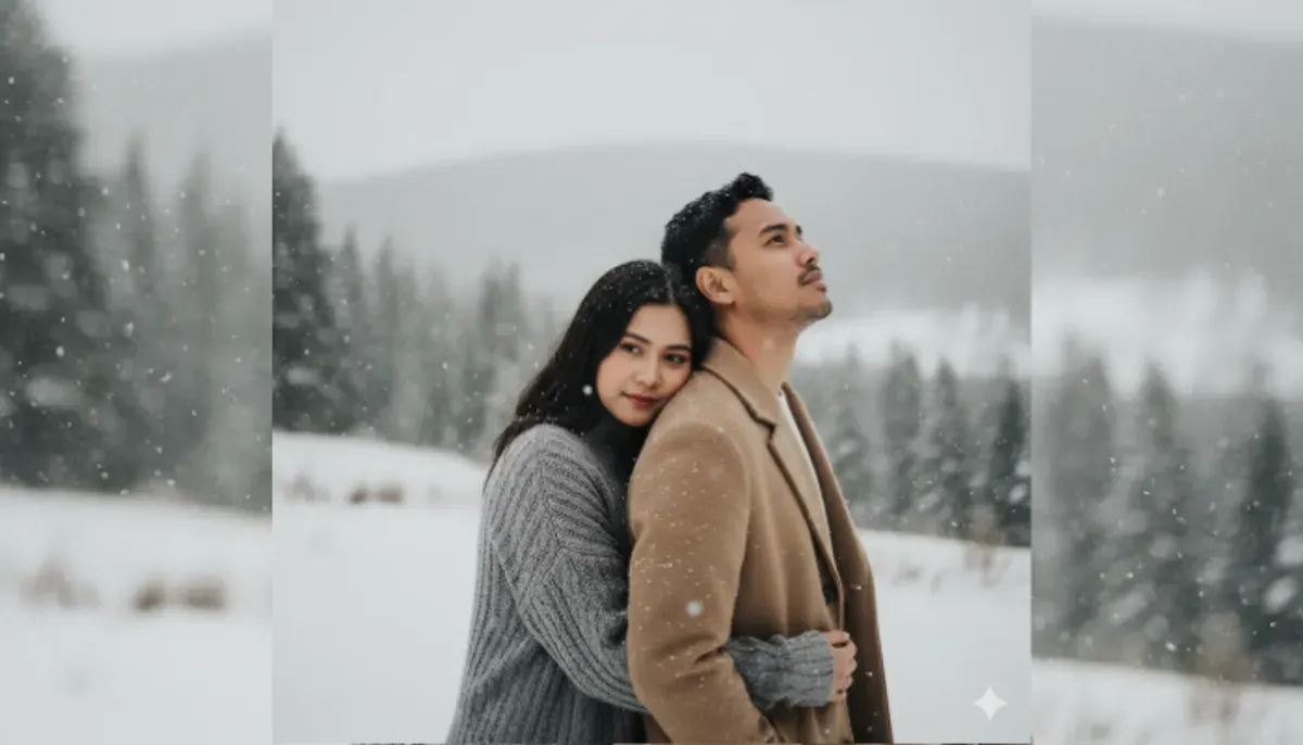 Rahasia prompt Gemini AI untuk menciptakan foto pasangan nuansa salju yang aestetik dan super realistis. Tutorial mudah untuk pemula, cukup dengan foto dan prompt yang tepat. (Sumber: Poskota/Gemini AI Generated)
