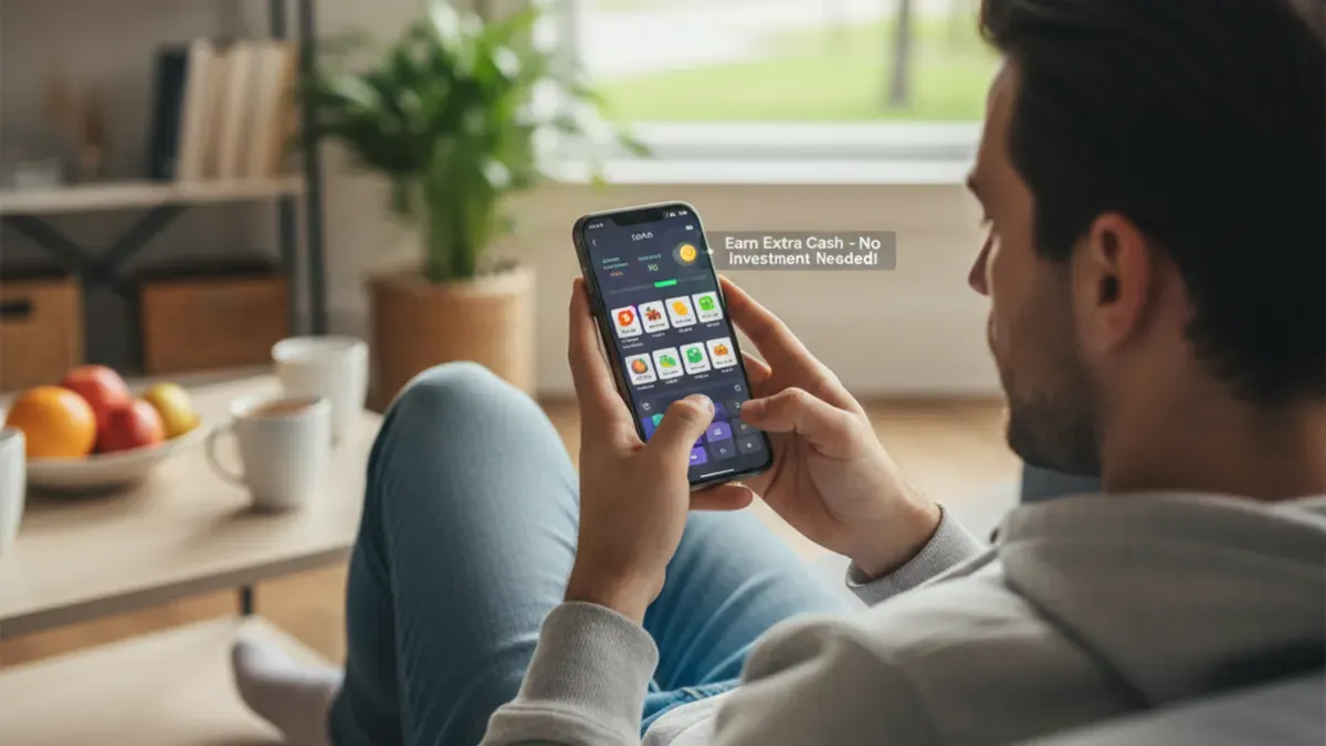 Ilustrasi seseorang mengerjakan microtask di smartphone untuk mendapatkan penghasilan tambahan tanpa modal. (Sumber: Gemini AI)