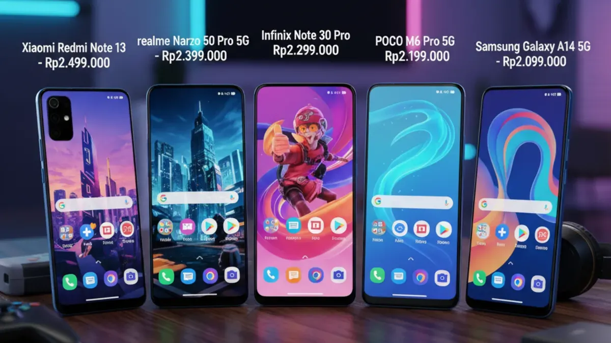 Deretan HP terbaik di bawah Rp2,5 juta dengan layar jernih, performa kencang, dan baterai besar—pilihan tepat untuk aktivitas harian hingga gaming. (Sumber: Gemini AI)