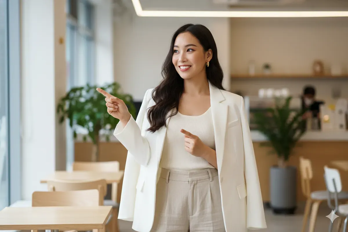 Hasil prompt Gemini AI foto wanita smart casual ala selebriti Korea. (Sumber: Freepik/benzoix)