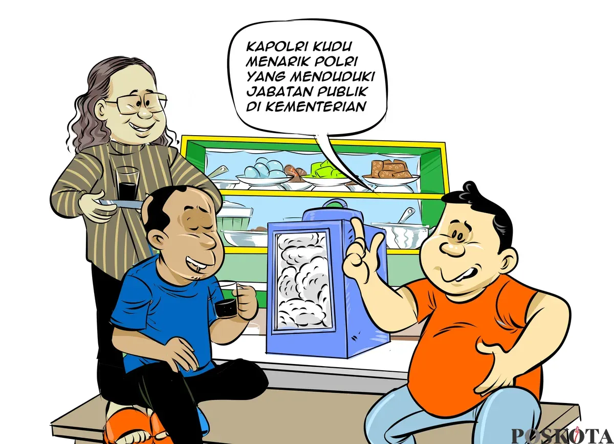 Ilustrasi obrolan warteg, tiga sahabat berdiskusi soal putusan MK yang menyoroti penarikan anggota Polri aktif dari jabatan publik di kementerian. (Sumber: Poskota/Arif Setiadi)