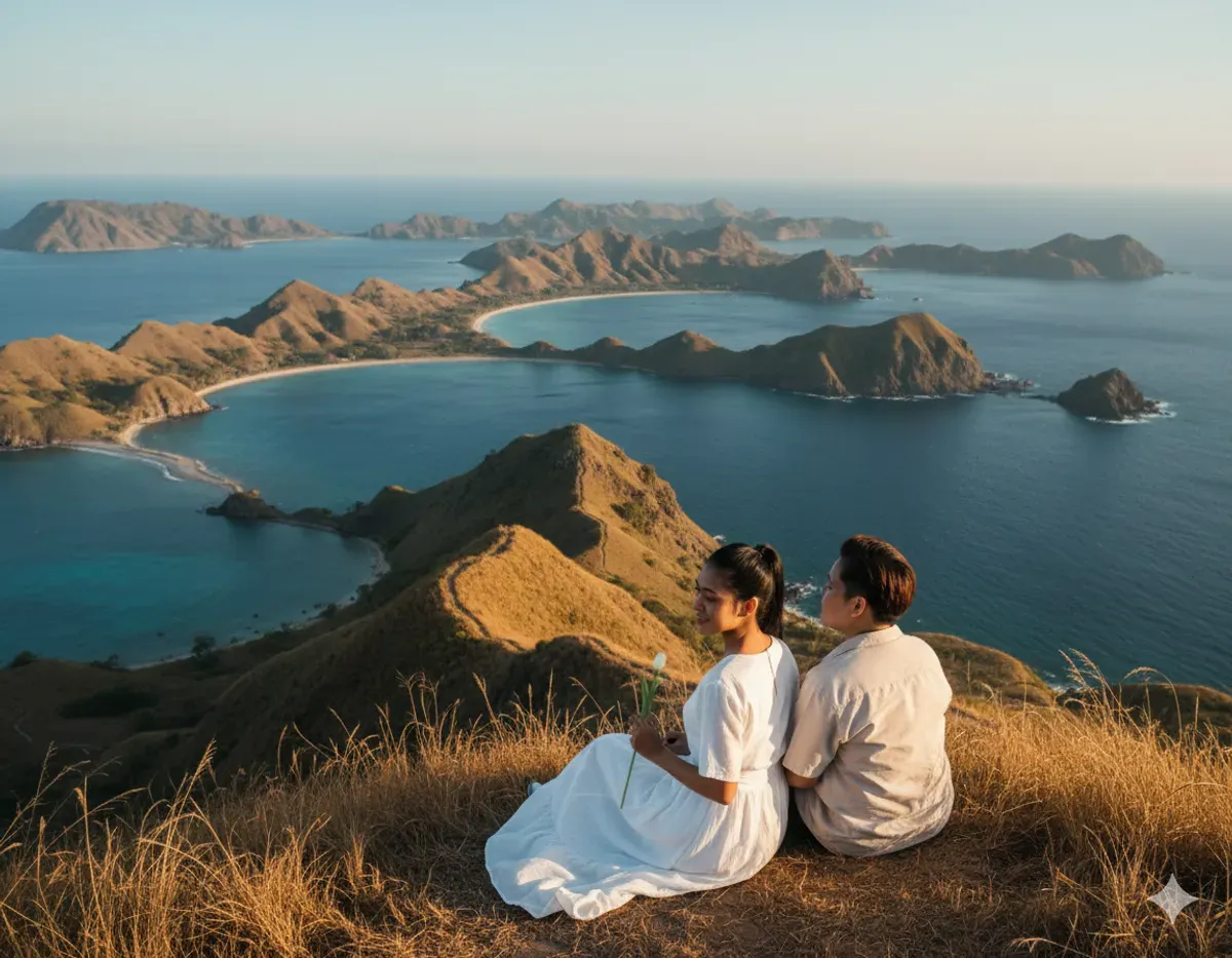 Hasil prompt Gemini AI foto pasangan di Pantai Labuan Bajo dengan tampilan realistis. (Sumber: Freepik/jcomp)
