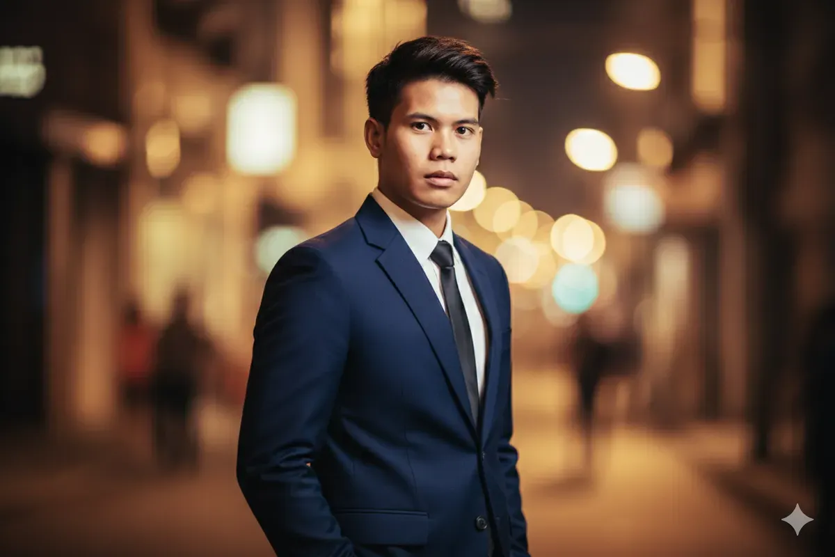 Hasil edit prompt Gemini AI foto cowok keren pakai jas. (Sumber: Freepik/jcomp)