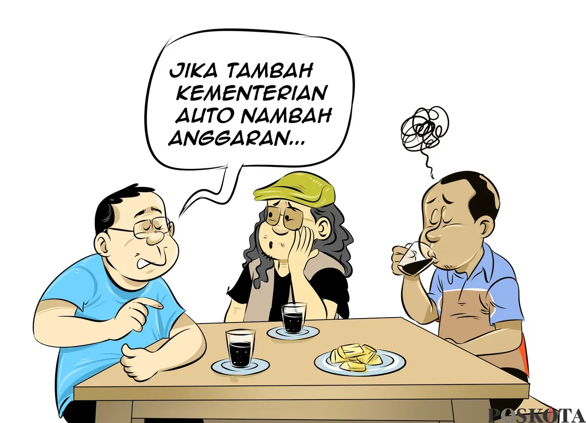 Ilustrasi obrolan di warteg: tiga sahabat berdiskusi soal usulan pembentukan Kementerian Pangan, salah satunya menyinggung bahwa penambahan kementerian otomatis menambah anggaran. (Sumber: Poskota/Arif Setiadi)