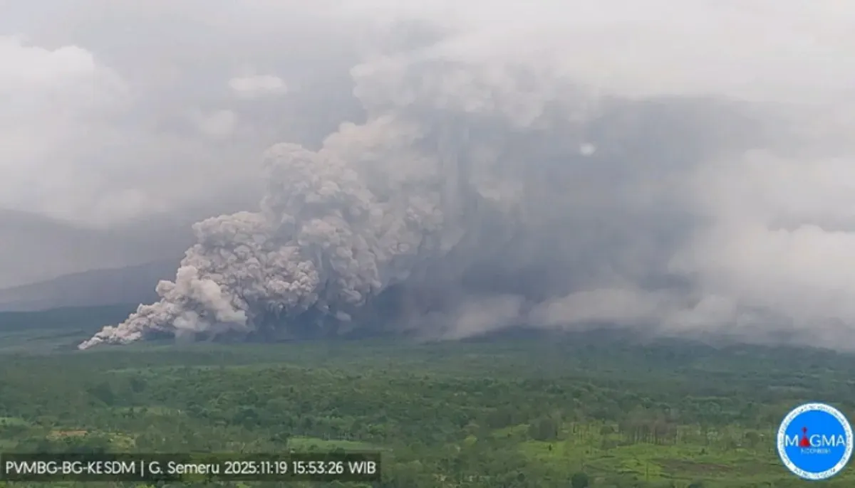 Gunung Semeru luncurkan awan panas radius 5,5 km. Pemerintah tetapkan status 'awas',  tutup jalur pendakian, dan imbau warga jauhi sektor selatan-tenggara. Ini fakta lengkapnya. (Sumber: X/@zakiberkata)
