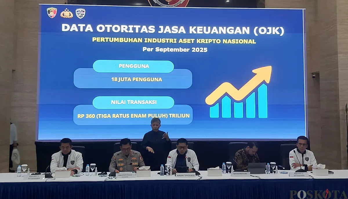 Konferensi pers terkait kasus akses ilegal yang menargetkan platform perdagangan aset kripto internasional di Bareskrim Polri, Jakarta Selatan, Kamis, 20 November 2025. (Sumber: POSKOTA | Foto: Ali Mansur)