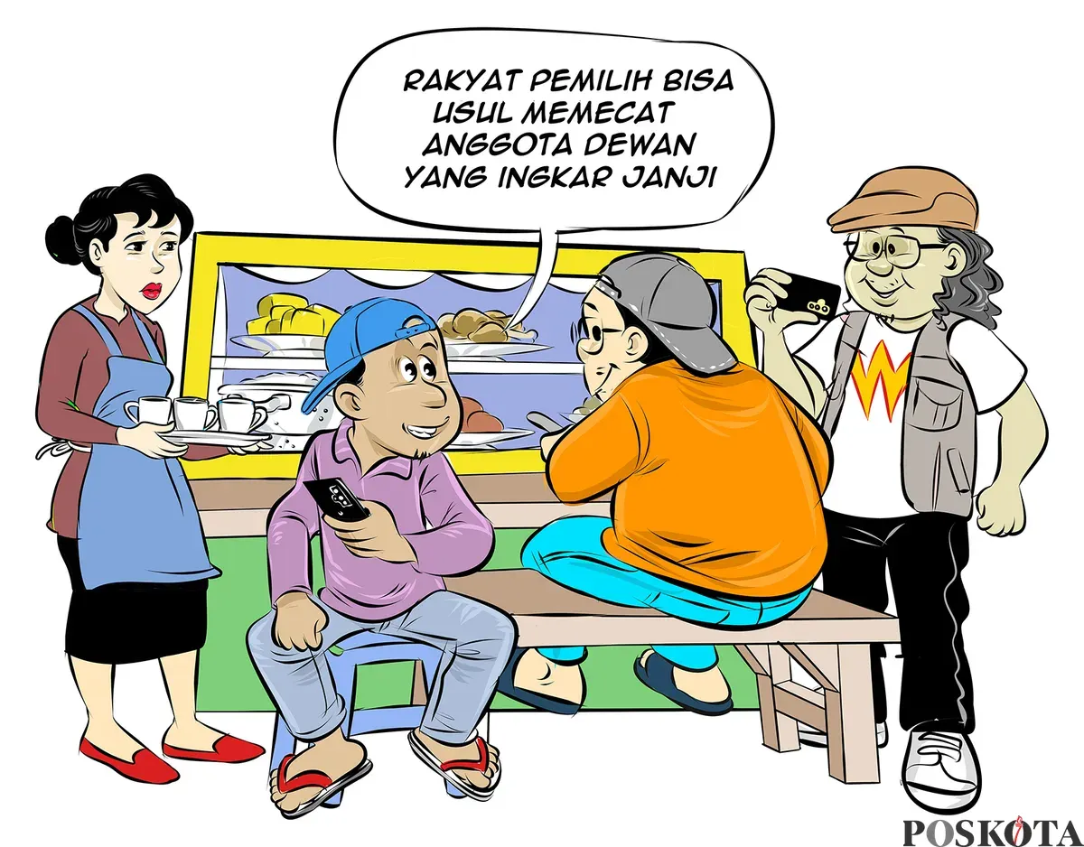 Ilustrasi obrolan tiga sahabat warteg membahas gugatan UU MD3, yang membuka peluang bagi rakyat untuk mengusulkan pemecatan anggota dewan yang dinilai ingkar janji. (Sumber: Poskota/Arif Setiadi)