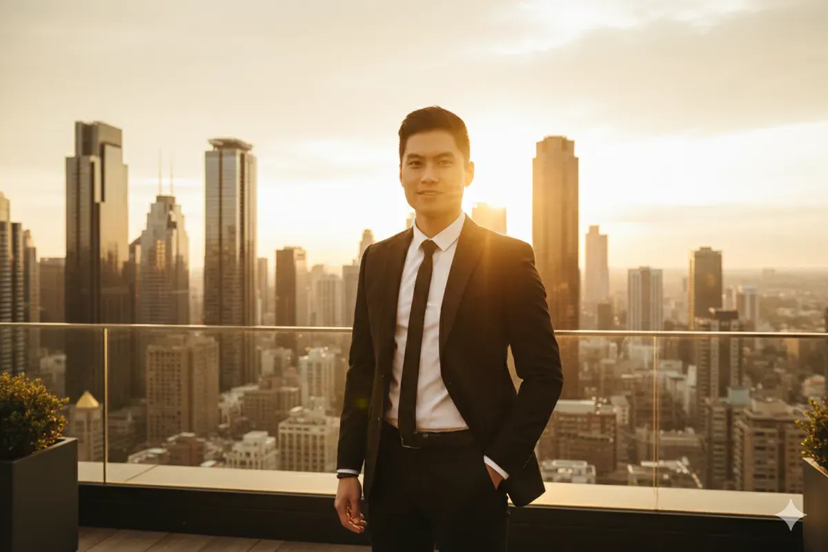 Hasil prompt Gemini AI cowok keren pakai jas ala CEO. (Sumber: Freepik/cookie_studio)