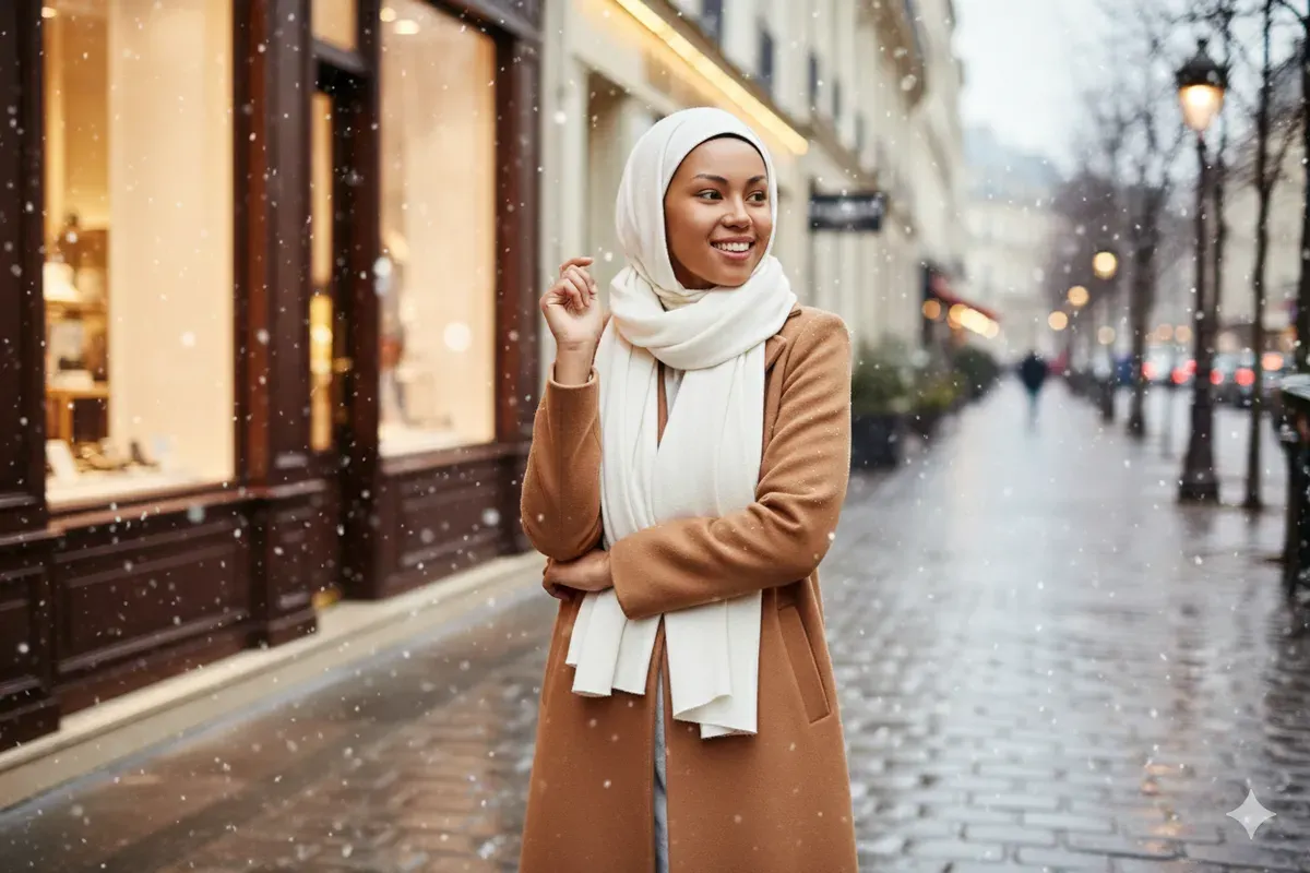 Hasil prompt Gemini AI foto wanita liburan ala hijab traveler di musim salju Paris. (Sumber: Freepik/wayhomestudio)