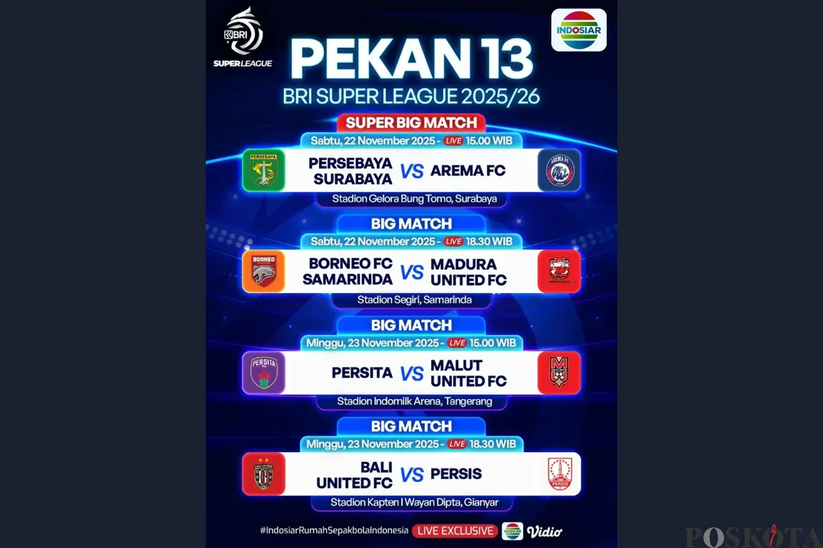 Jadwal BRI Super League Hari Ini Sabtu 22 November 2025, Ada Big Match Persebaya vs Arema FC (Sumber: Instagram/sports.indosiar/Edited Muhammad Ibrahim)