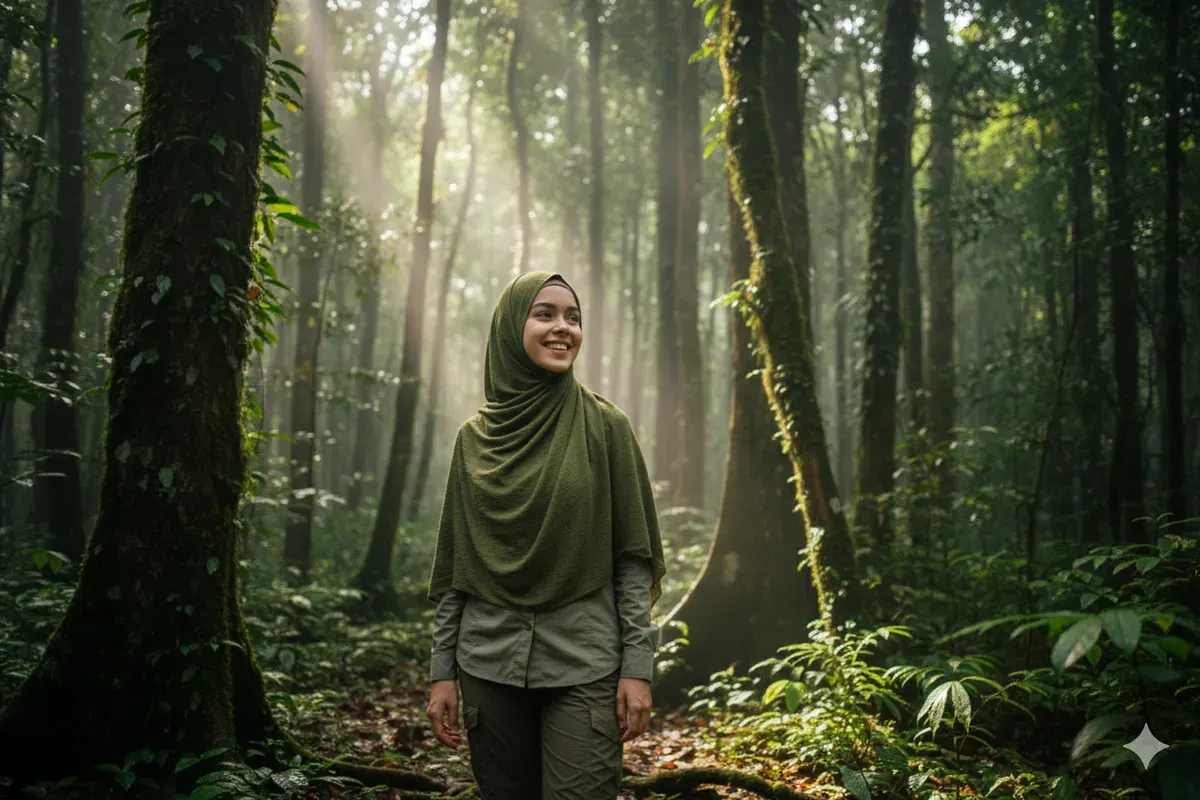 Hasil prompt Gemini AI visual wanita berhijab dalam latar alam terbuka, mulai dari pantai, hutan tropis, hingga puncak gunung. (Sumber: Freepik)