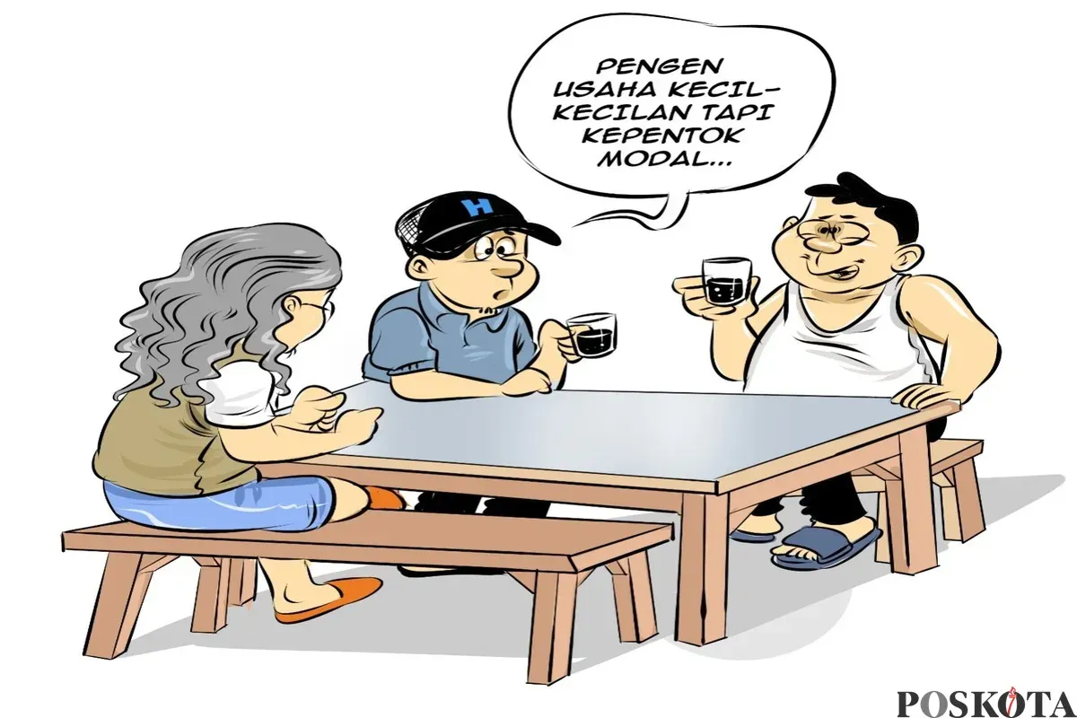 Ilustrasi obrolan tiga sahabat di warteg sambil menikmati kopi, membahas keinginan membuka usaha kecil namun terkendala modal. (Sumber: Poskota/Arif Setiadi)