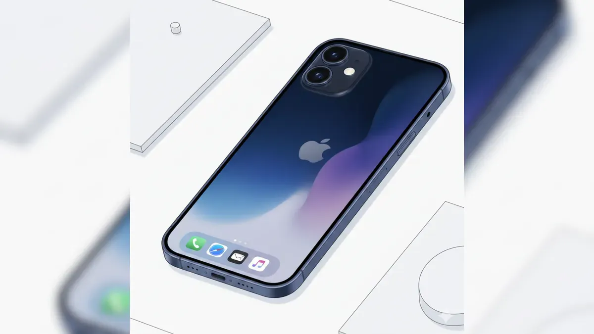 Ilustrasi konsep iPhone 17e dengan desain yang diperkirakan mirip generasi sebelumnya, menampilkan satu kamera belakang dan tampilan minimalis khas Apple. (Sumber: Gemini AI)