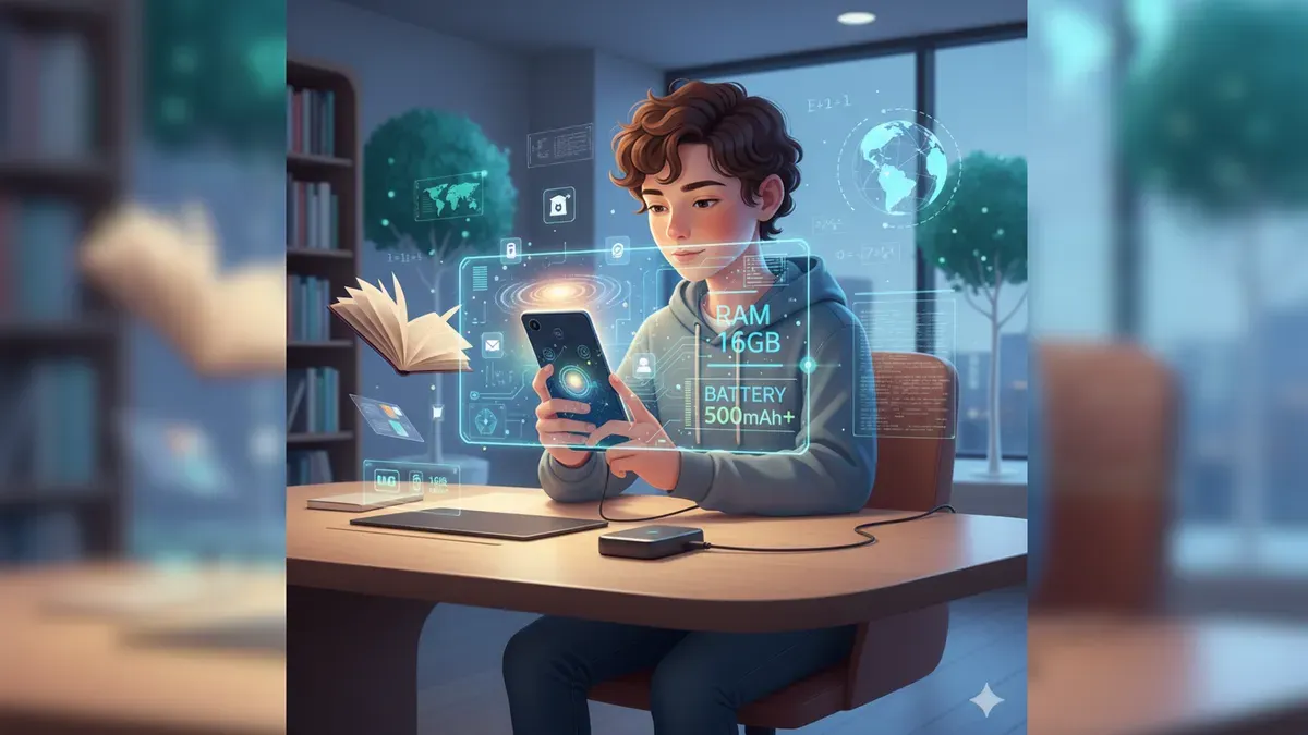 Ilustrasi siswa menggunakan smartphone untuk kegiatan belajar digital dengan dukungan perangkat ber-RAM besar dan baterai tahan lama. (Sumber: Gemini AI)