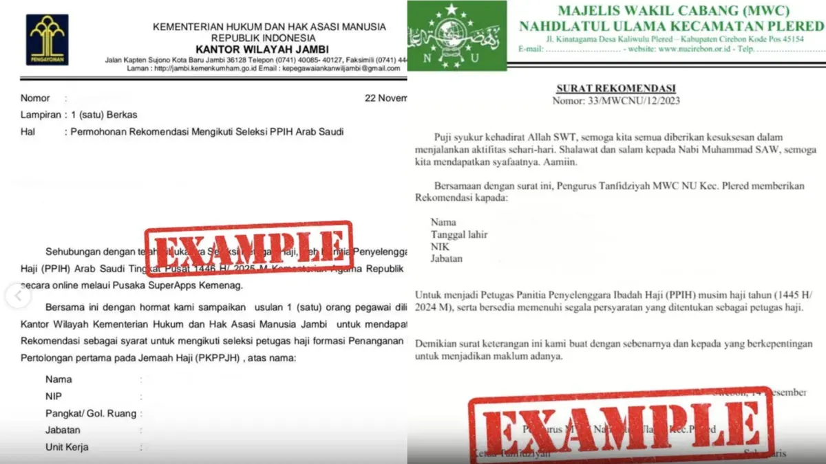 Contoh Dokumen surat rekomendasi resmi menjadi salah satu persyaratan utama dalam seleksi Petugas Penyelenggara Ibadah Haji (PPIH) 2026. (Sumber: Instagram/@kabarmakkah)