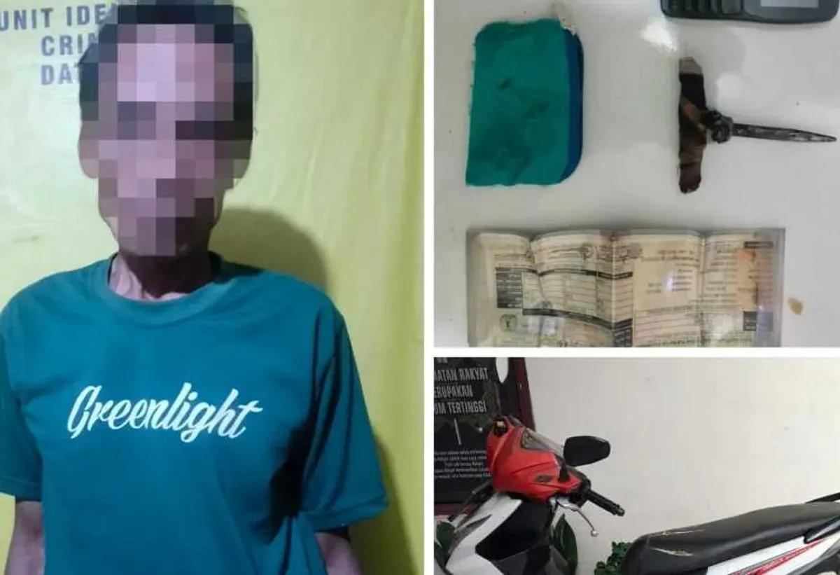 Terduga pelaku pencurian motor dan sejumlah barang bukti, termasuk kunci leter T, diamankan polisi. (Sumber: Istimewa)