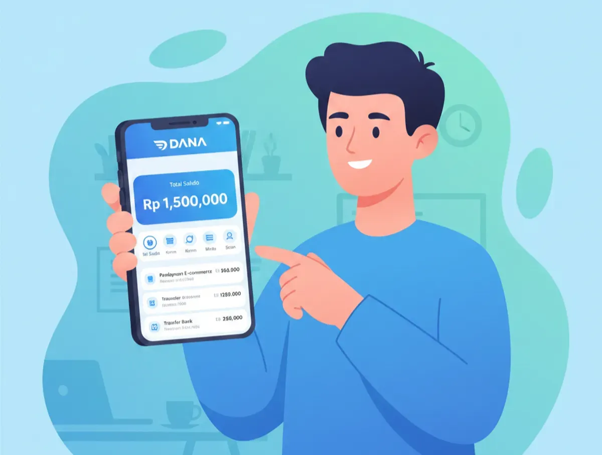 Ilustrasi pengguna sedang mengecek saldo DANA di smartphone, menampilkan antarmuka dompet digital. (Sumber: Gemini AI)