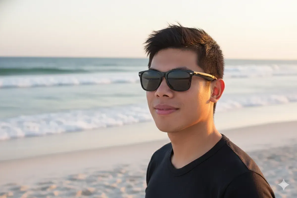 Hasil prompt Gemini AI foto cowok maskulin secara close up di pantai pakai kacamata hitam. (Sumber: Freepik/asier_relampagoestudio)