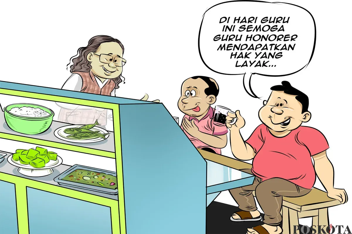 Ilustrasi suasana obrolan di warteg saat Hari Guru Nasional, memperlihatkan tiga sahabat yang berharap guru honorer mendapatkan hak dan kesejahteraan yang layak. (Sumber: Poskota/Arif Setiadi)