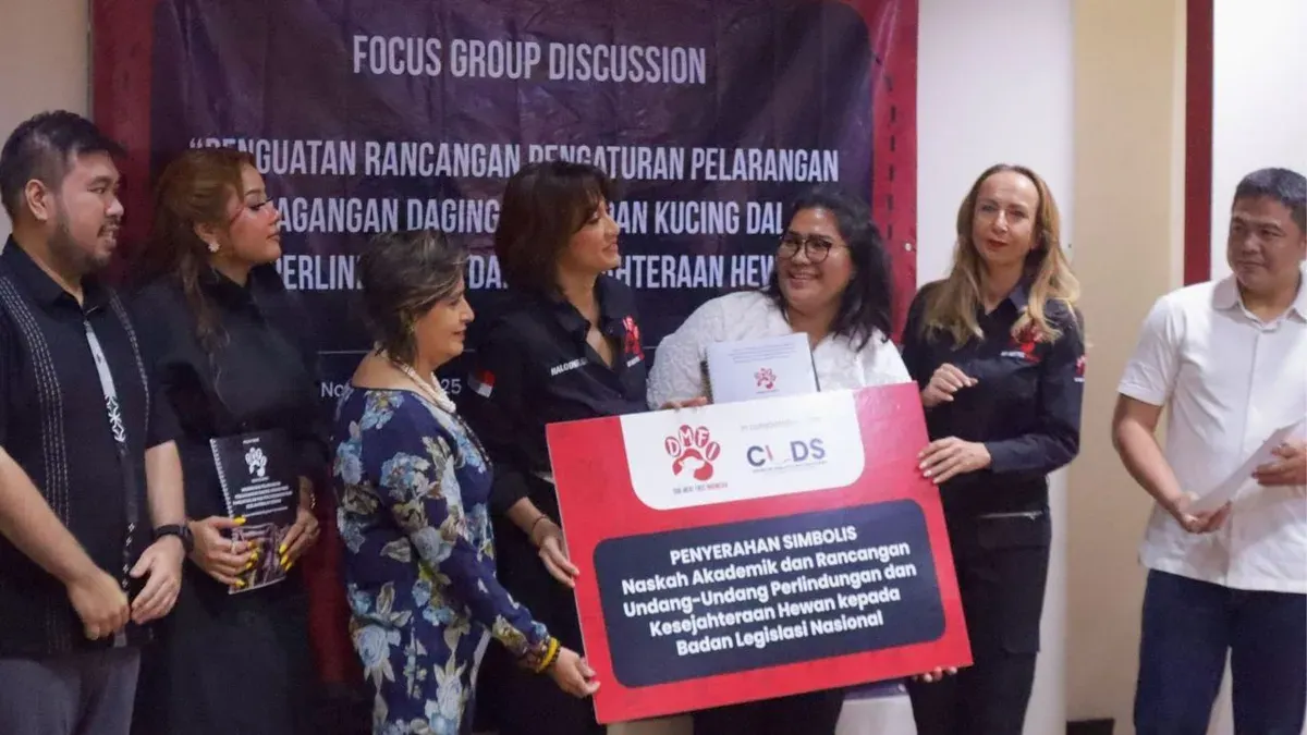 Koalisi DMFI dan CLDS FH UI menyerahkan Naskah Akademik dan usulan Bab Pelarangan Perdagangan Daging Anjing dan Kucing kepada Baleg DPR RI. (Sumber: Dok. Istimewa)