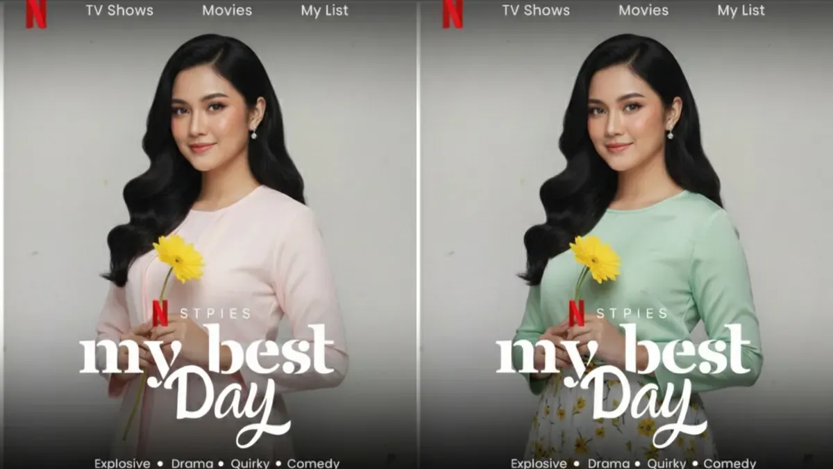 Hasil edit foto tema poster film Netflix pakai prompt Gemini AI. (Sumber: Instagram dan Gemini AI)